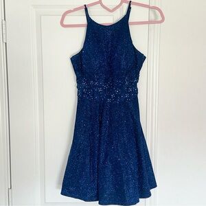 City Vibe 5 Royal Blue Glitter Floral Mesh Waist Homecoming Formal Mini Dress